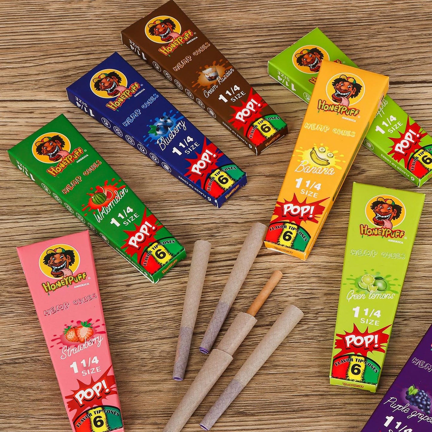 Honeypuff | 1 1/4 Size Fruit flavor tip 6pk Hemp cones Box of 20