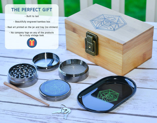 Vintage Stash Box Bundle - Ancient Symbol Design - Grinder - Rolling Tray - Airtight & UV Protecting Glass Jar - Accessory Gift Kit - Secure Storage Box - Lock & Key - Leaf-Way Brand Accessories_1